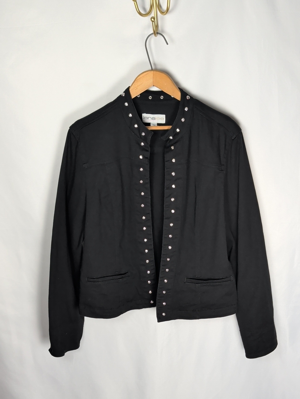 Lana Lee Black Rhinestone Embellished Open Front Cotton Blend Blazer Jacket 14